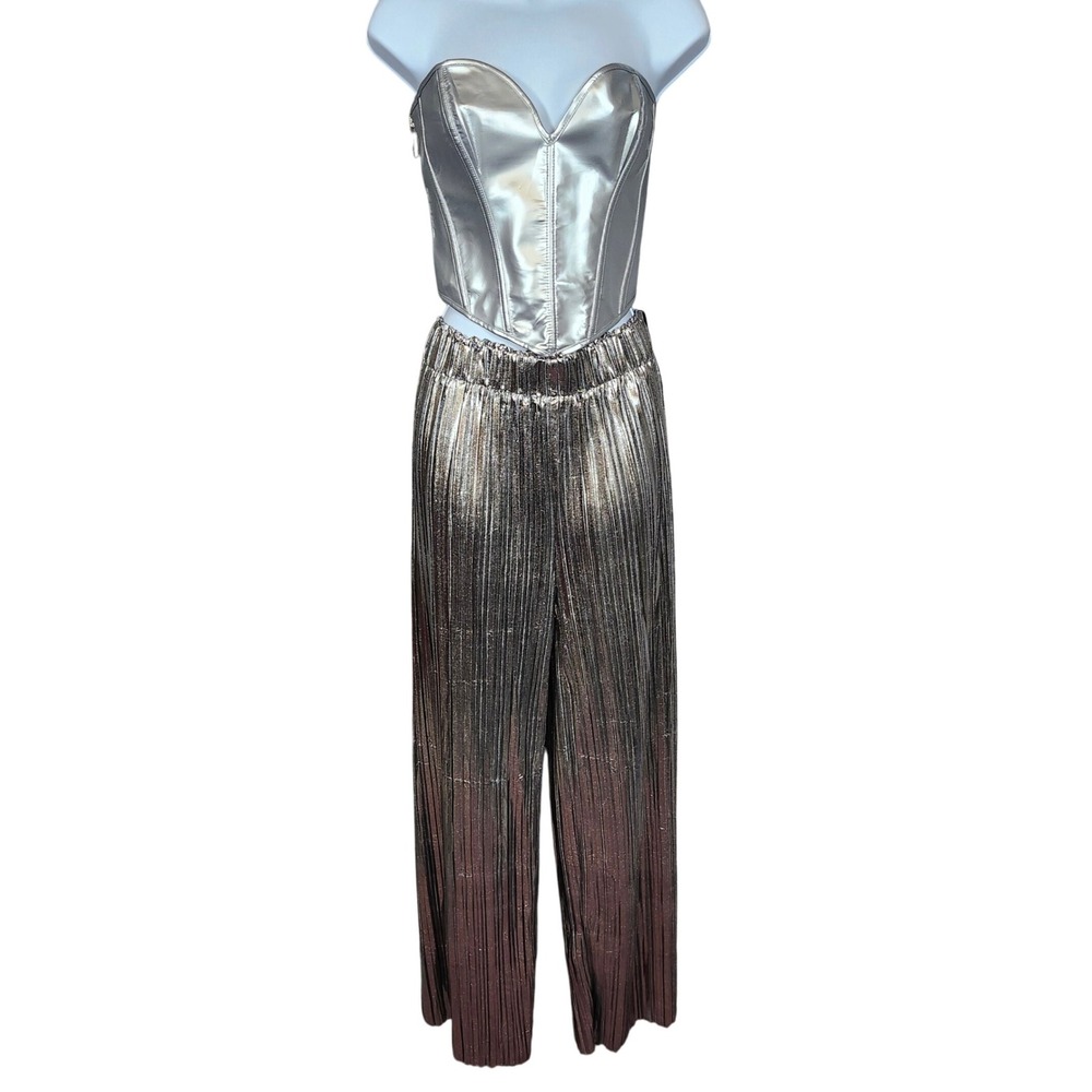 Silver Metallic 4pc Set Large Corset‎ Top Pant Thong Headband Rave Disco Costume
